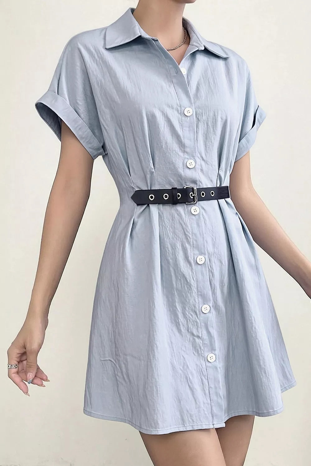 button up short sleeve shirt dress – buttoned | dropsona - neutral - front view