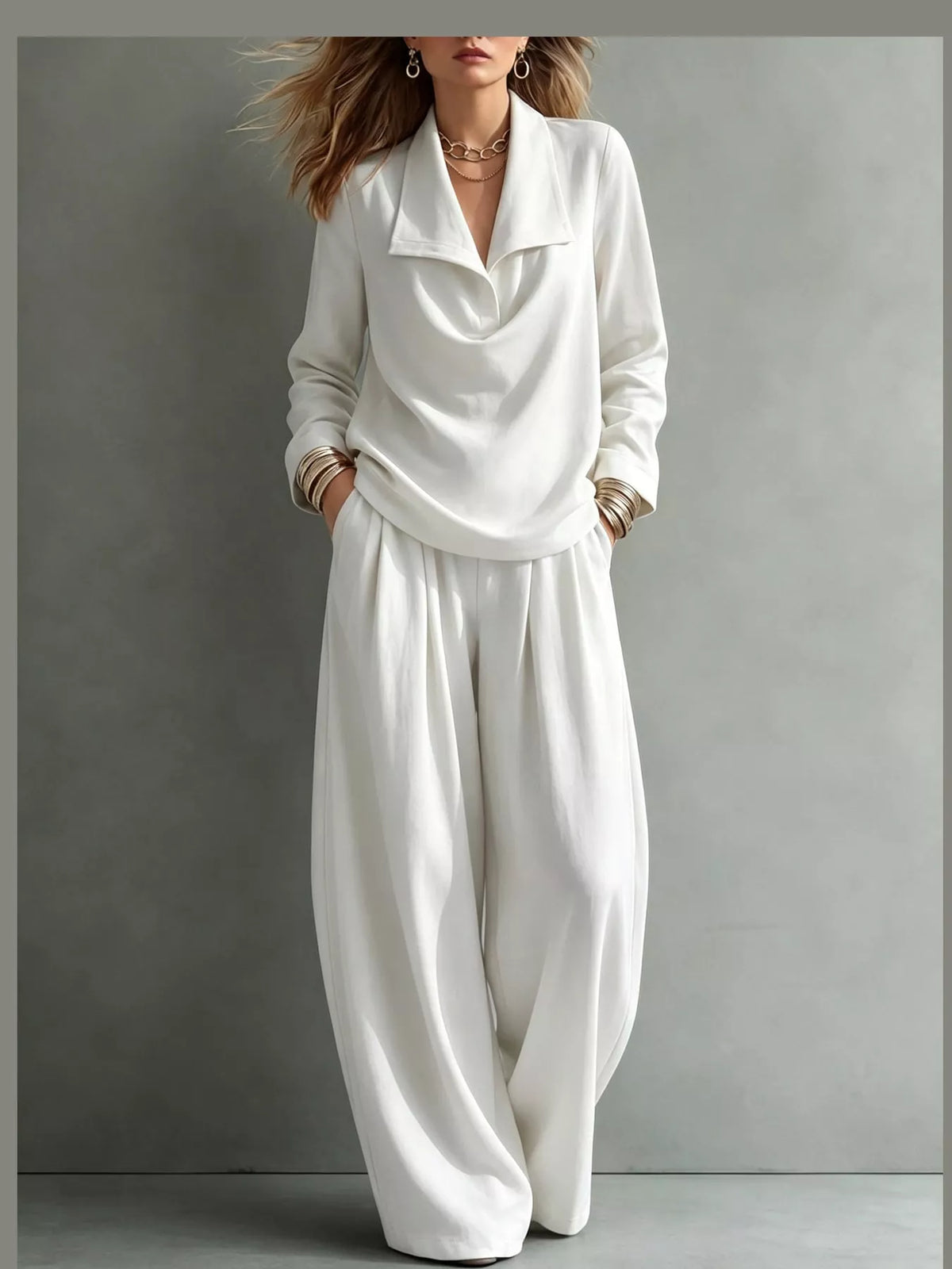 full size casual elegant top and wide-leg pants set | dropsona - neutral - packaging