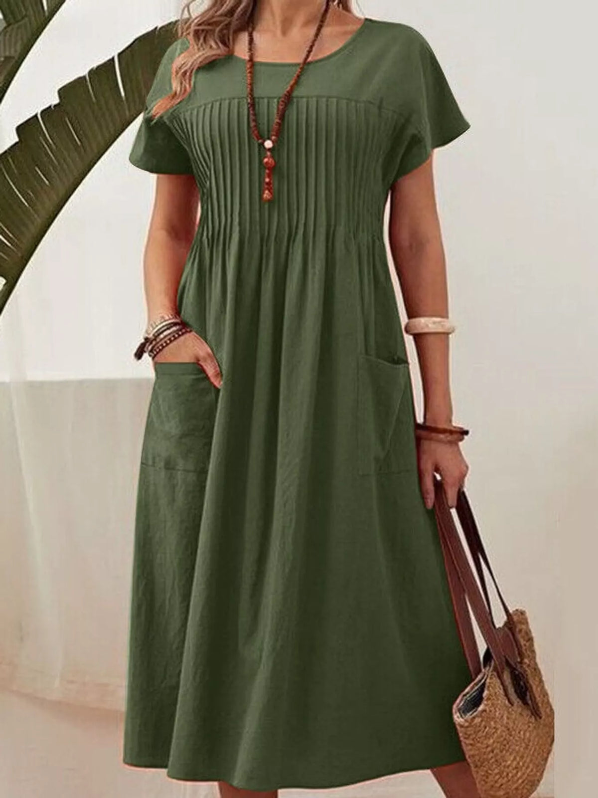 full size elegant pleated casual midi dress with | dropsona - neutral - usage example
