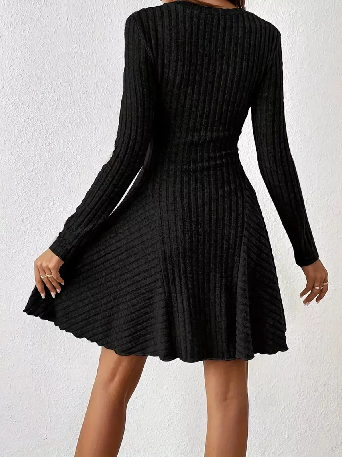 v-neck ribbed knit a-line dress – | dropsona - neutral - front view