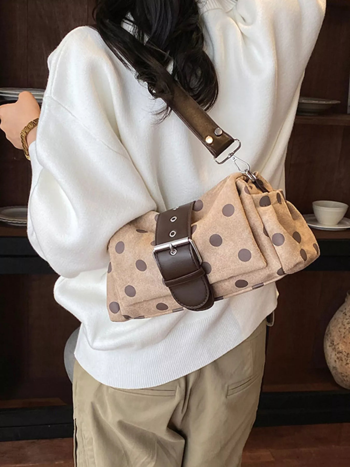 vintage polka dot shoulder bag – stylish sling | dropsona - neutral - material texture