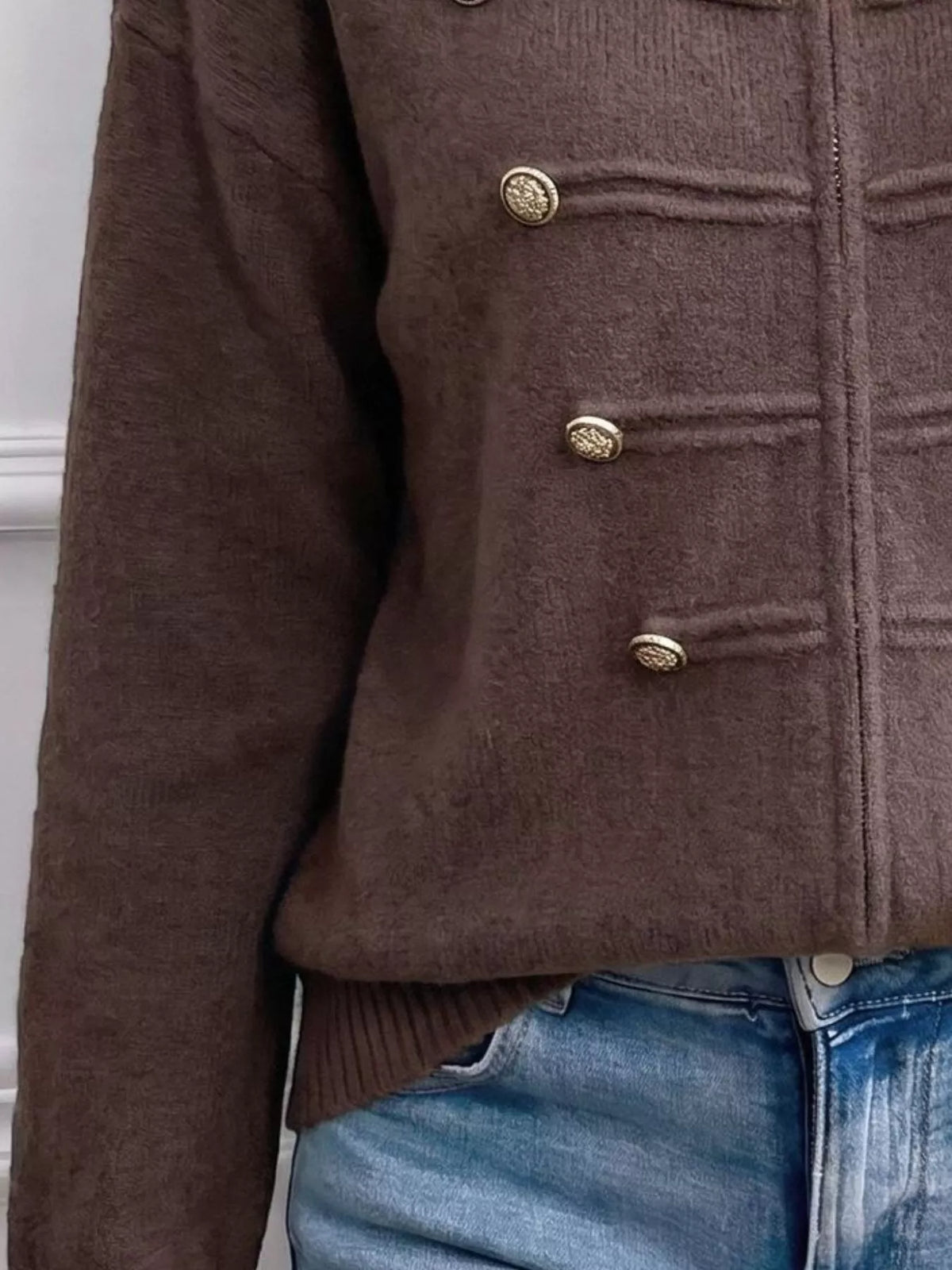 zip-up long sleeve cardigan – decorative button | dropsona - neutral - usage example