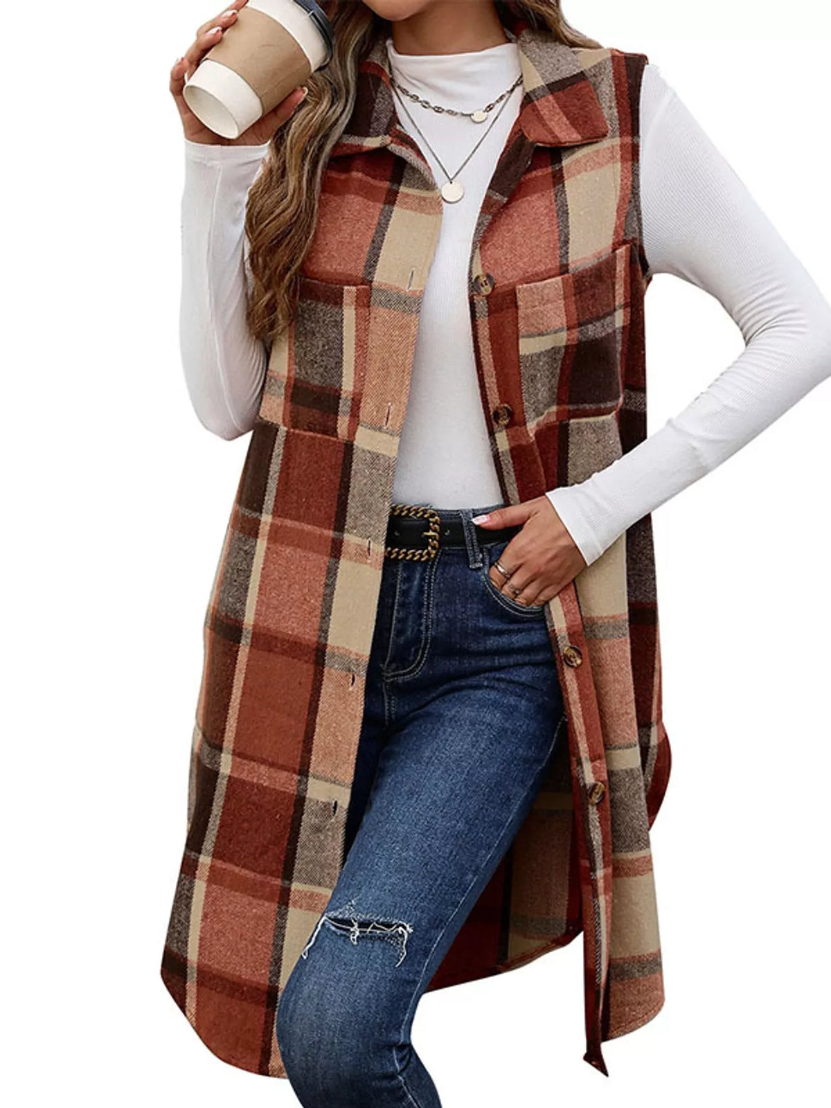 longline plaid button-down vest coat | dropsona - neutral - material texture
