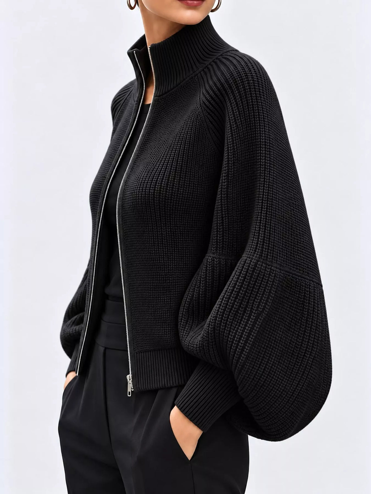 full size elegant ribbed knit zip-up cardigan with | dropsona - neutral - material texture