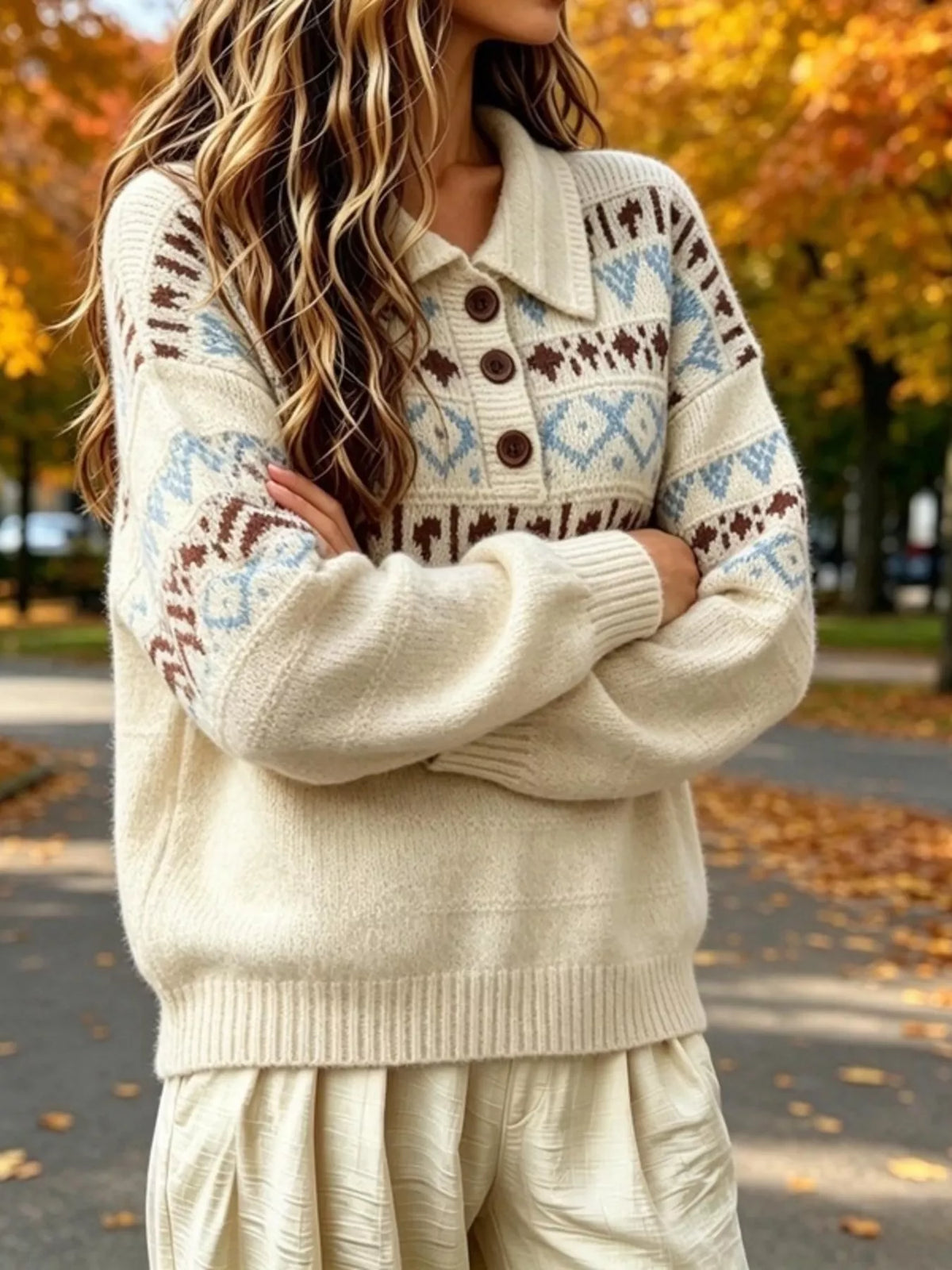 full size vintage fair isle pattern polo collar | dropsona - neutral - material texture