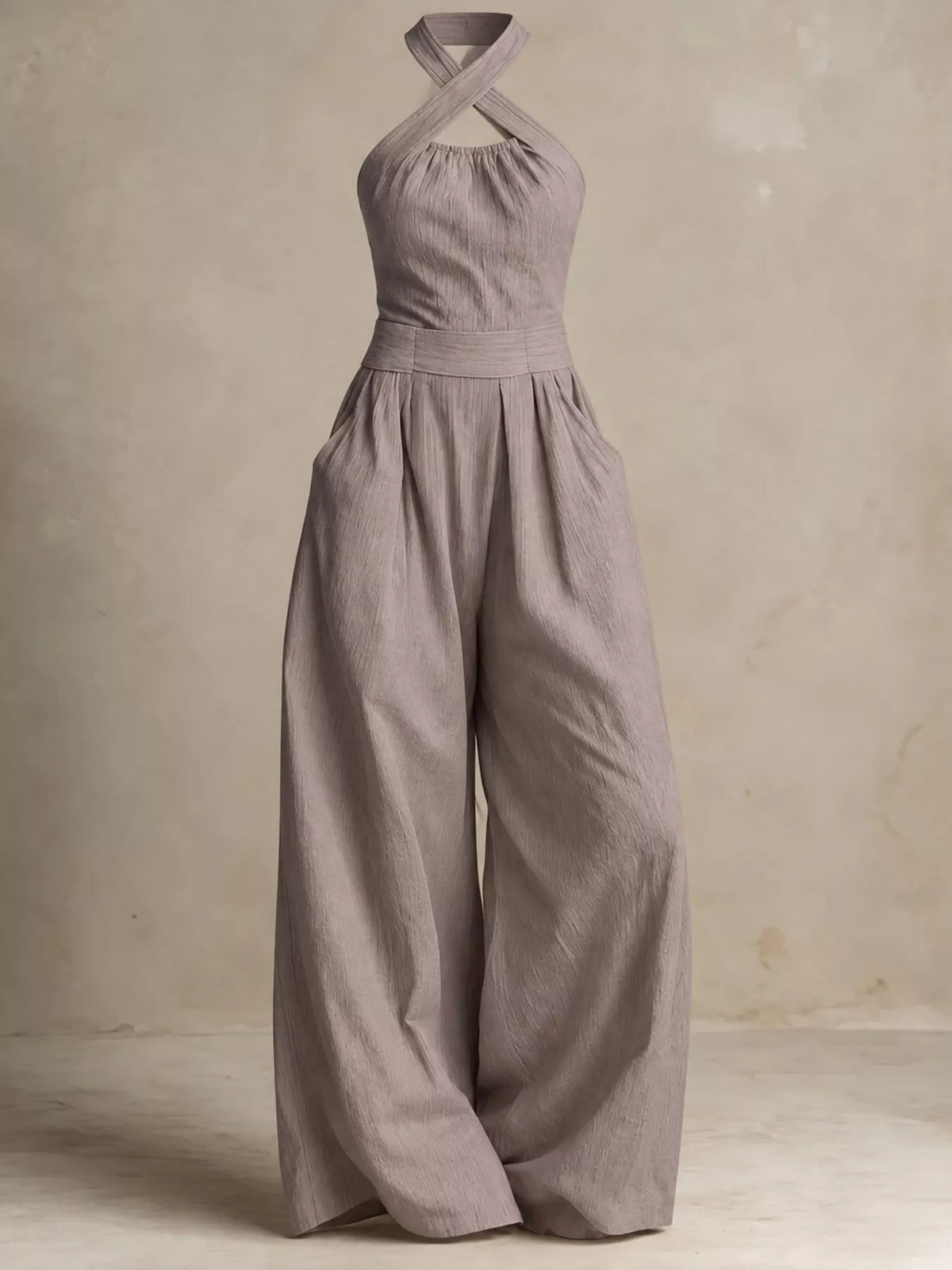 full size halter neck wide-leg jumpsuit plus | dropsona - neutral - close-up detail