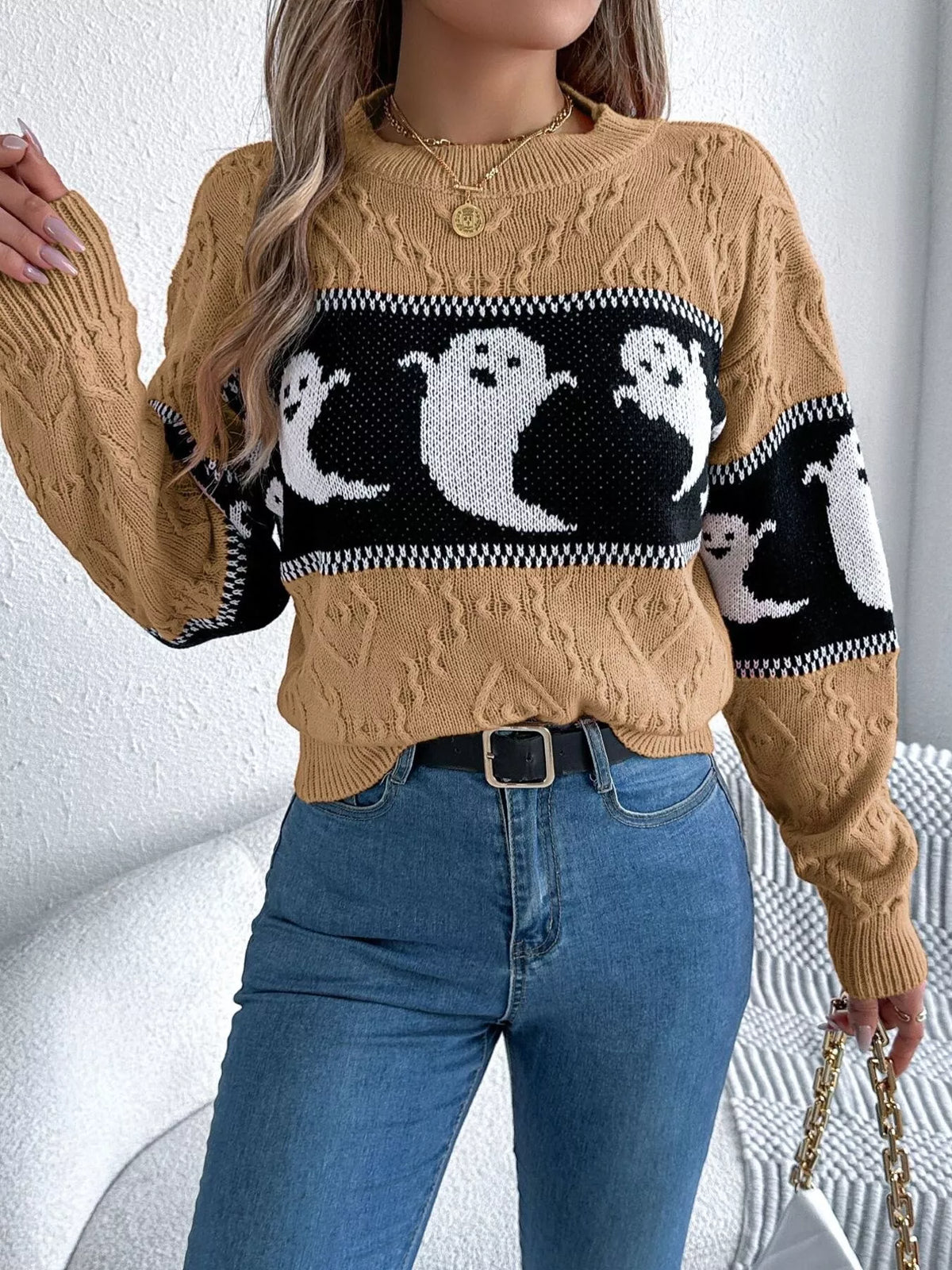 halloween ghost pattern textured sweater – cable-knit | dropsona - neutral - usage example