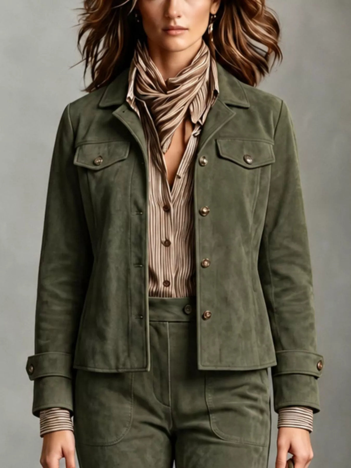 full size suede utility blazer with button-front | dropsona - neutral - usage example