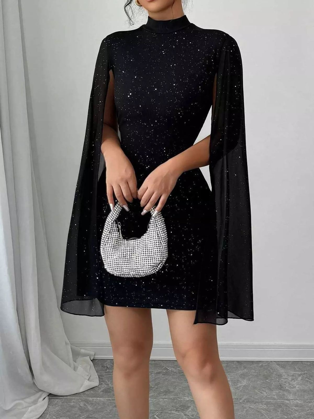 glitter mock neck cape-sleeve bodycon mini dress | dropsona - neutral - close-up detail