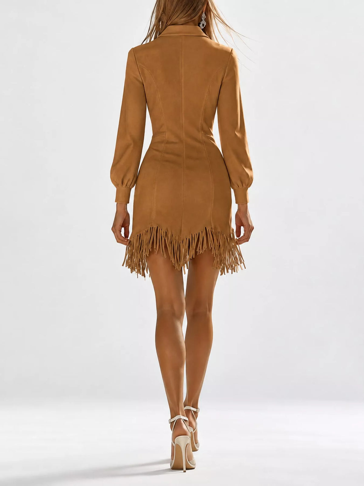 zip-front long sleeve fringe hem mini dress | dropsona - neutral - packaging