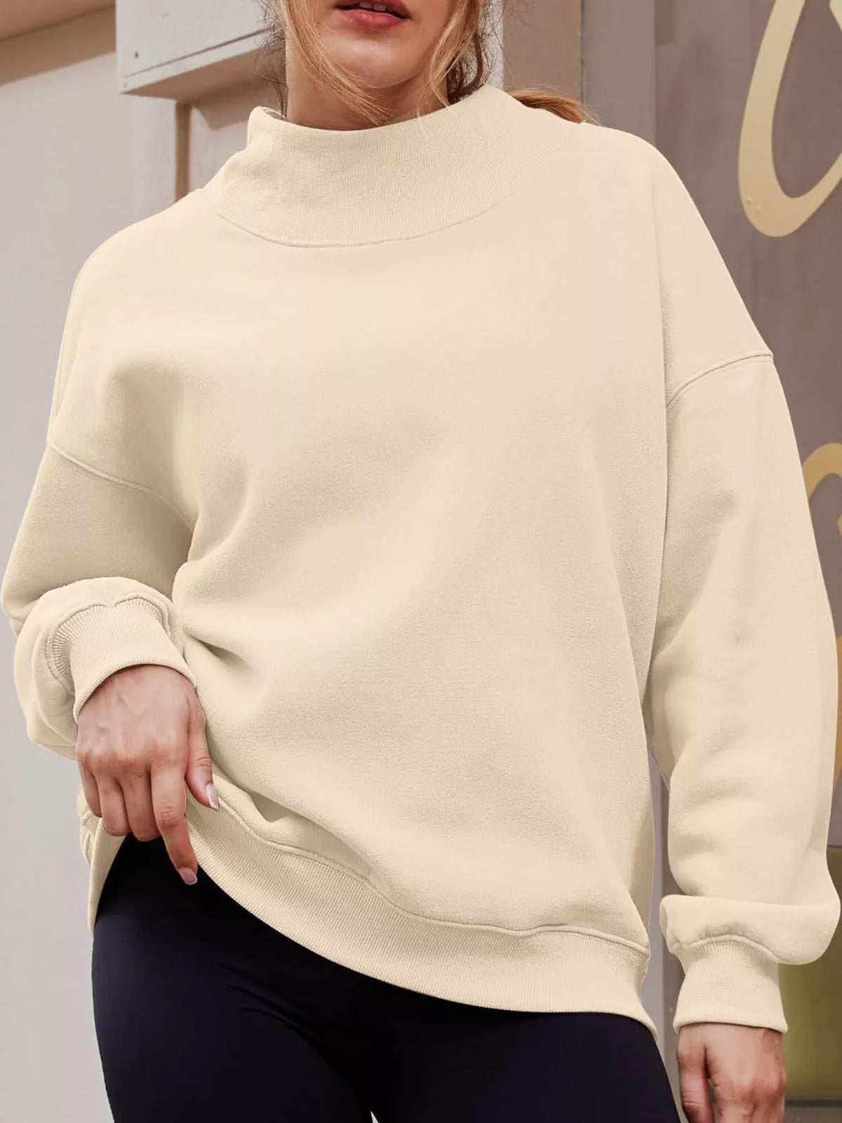 oversized mock neck long sleeve sweatshirt | dropsona - neutral - close-up detail
