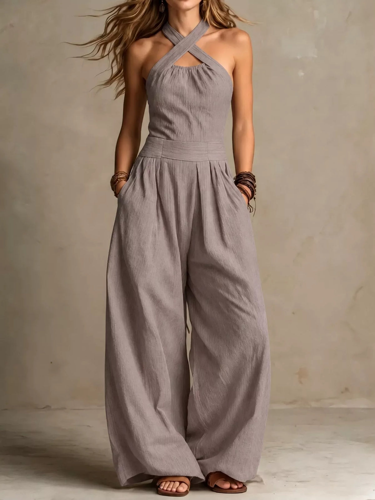 full size halter neck wide-leg jumpsuit plus | dropsona - neutral - usage example