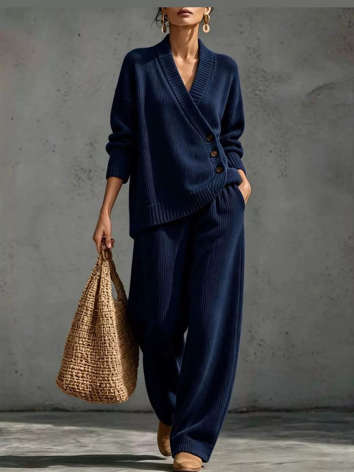 full size elegant v-neck wrap sweater and wide-leg | dropsona - neutral - size reference