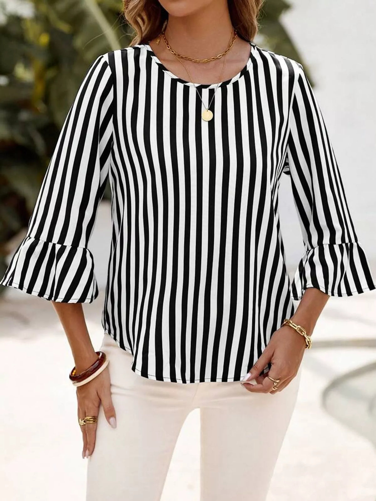 striped bell sleeve blouse – ruffled,basic style fit | dropsona - neutral - material texture