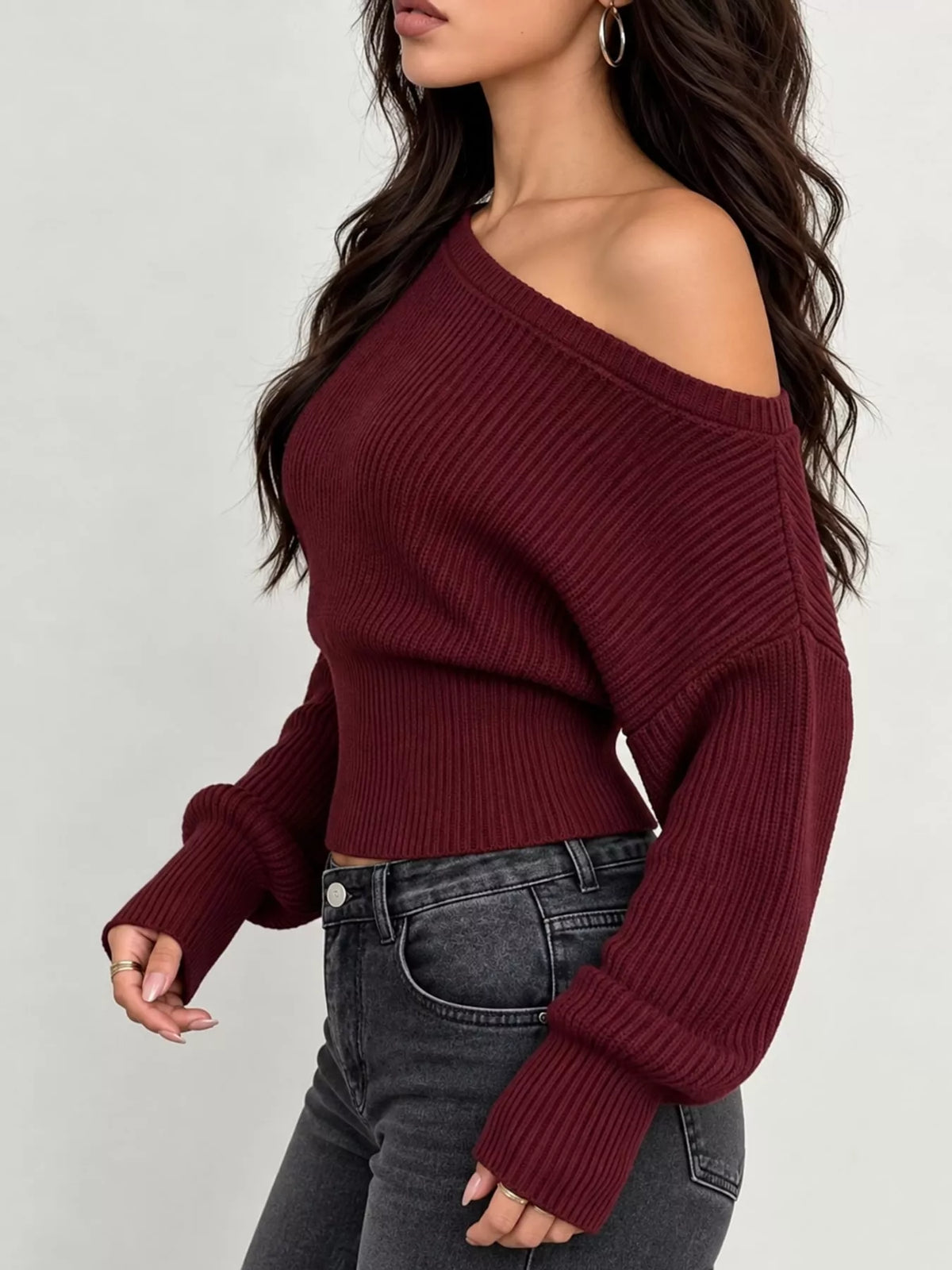 one shoulder ribbed knit sweater – fit | dropsona - neutral - close-up detail