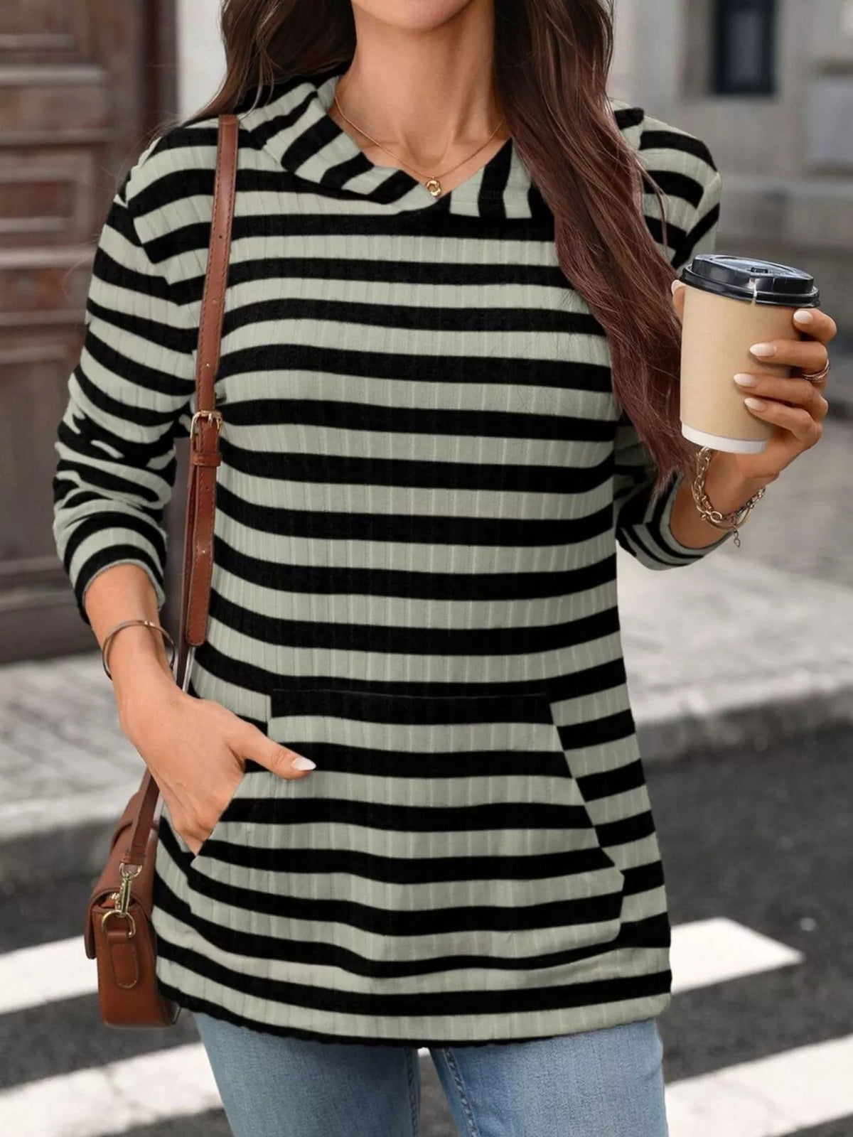 casual striped ribbed knit hoodie with kangaroo pocket | dropsona - neutral - size reference