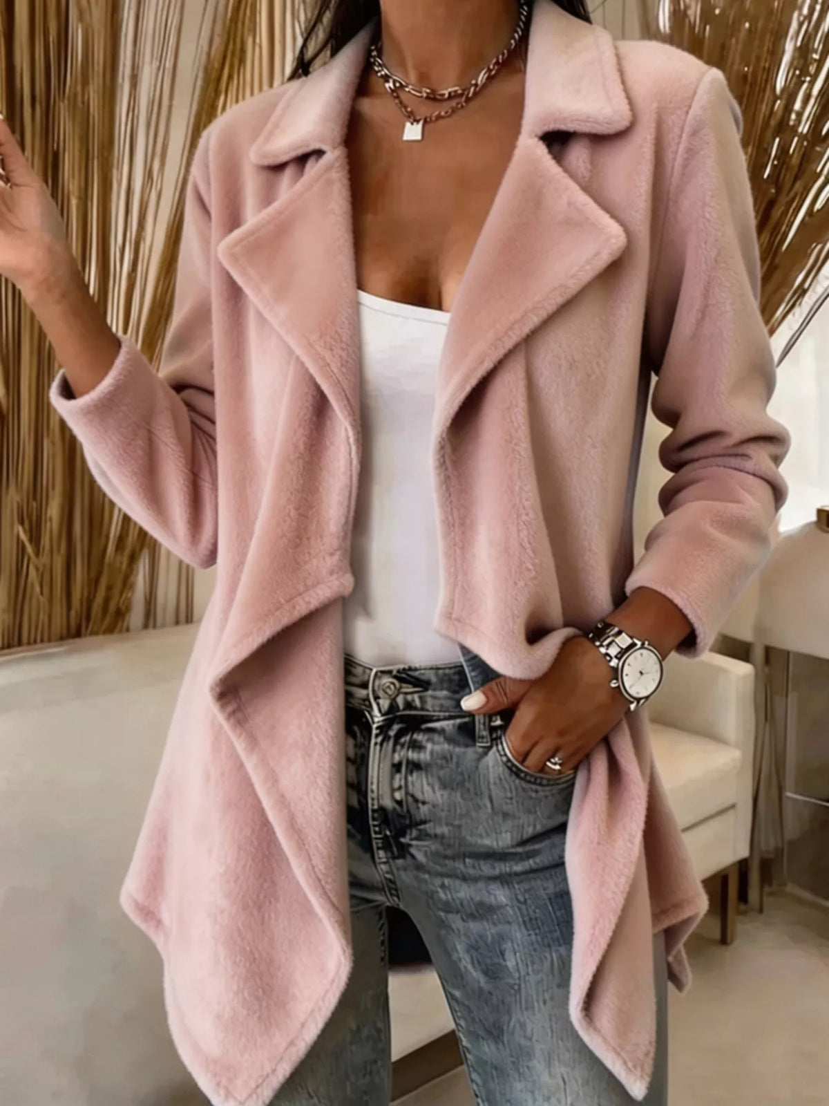 full size fleece waterfall collar outerwear plus | dropsona - neutral - size reference