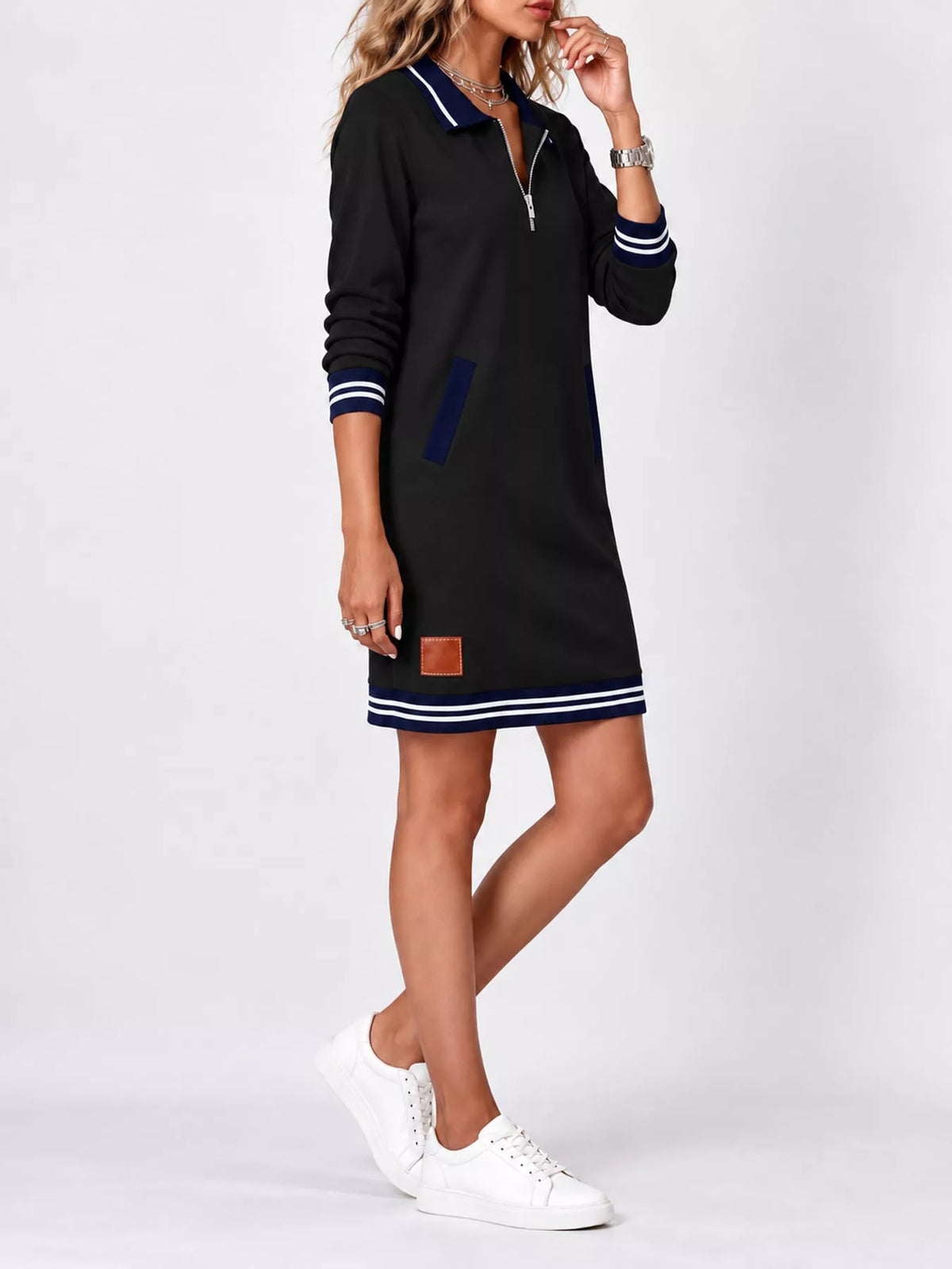 full size zip-up polo collar knit dress plus | dropsona - neutral - usage example