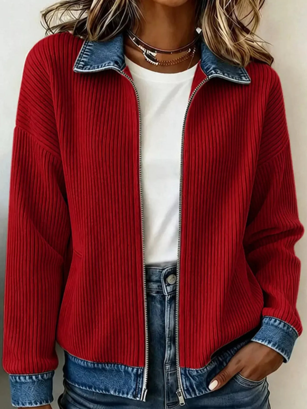 full size denim-collar ribbed knit zip-up jacket plus | dropsona - neutral - usage example