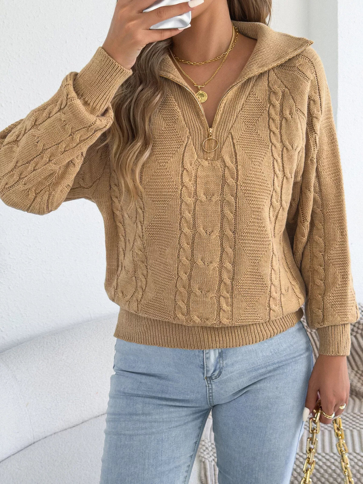 quarter-zip cable knit sweater – cable-knit,zipper | dropsona - neutral - close-up detail