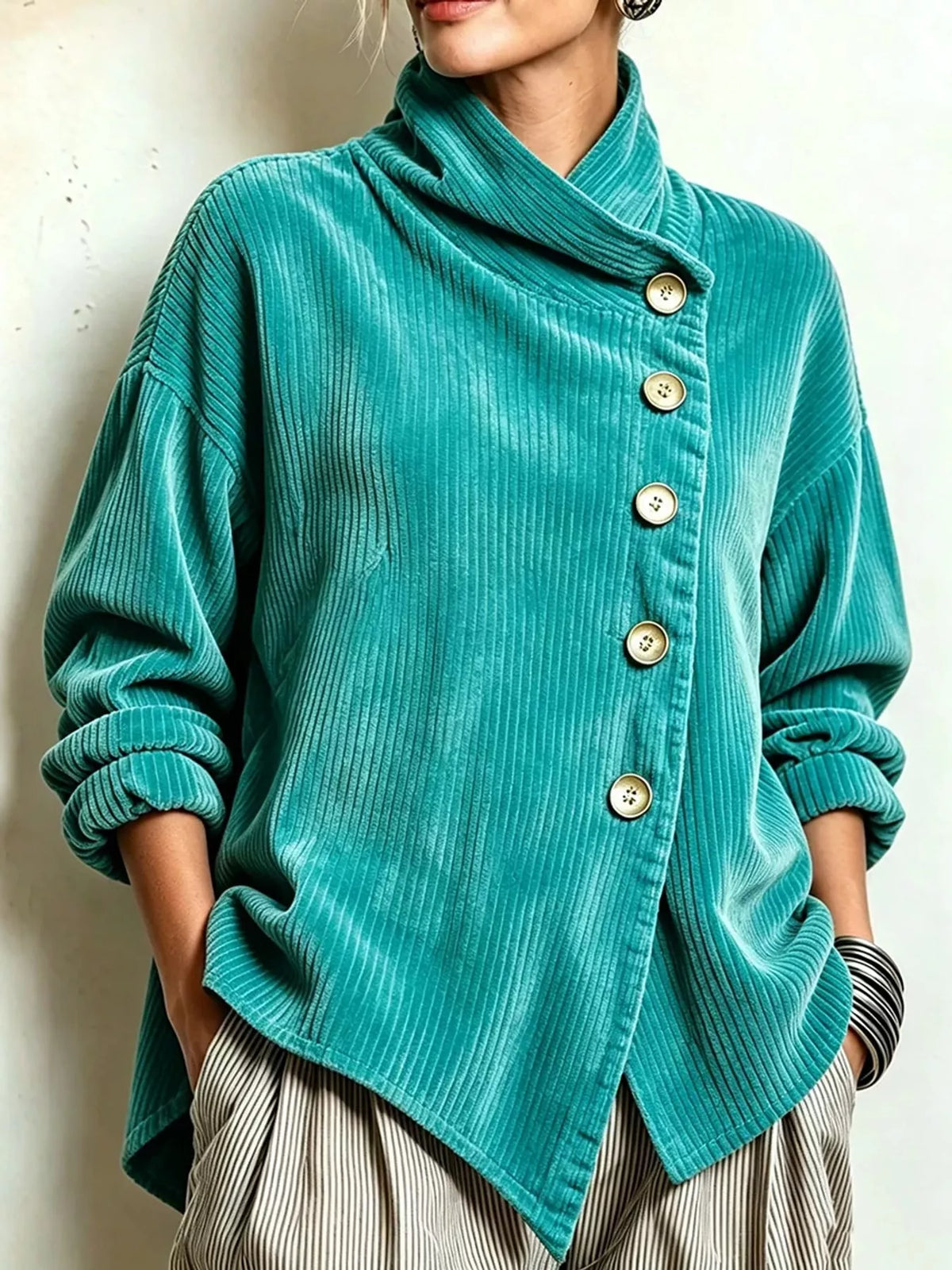 full size asymmetric button-down corduroy jacket plus | dropsona - neutral - close-up detail