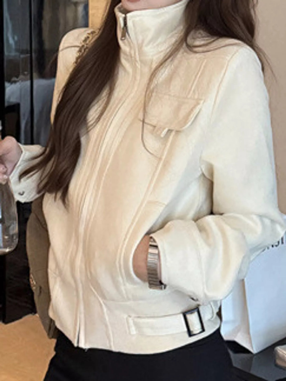 elegant stand-collar zip-up utility jacket | dropsona - neutral - front view