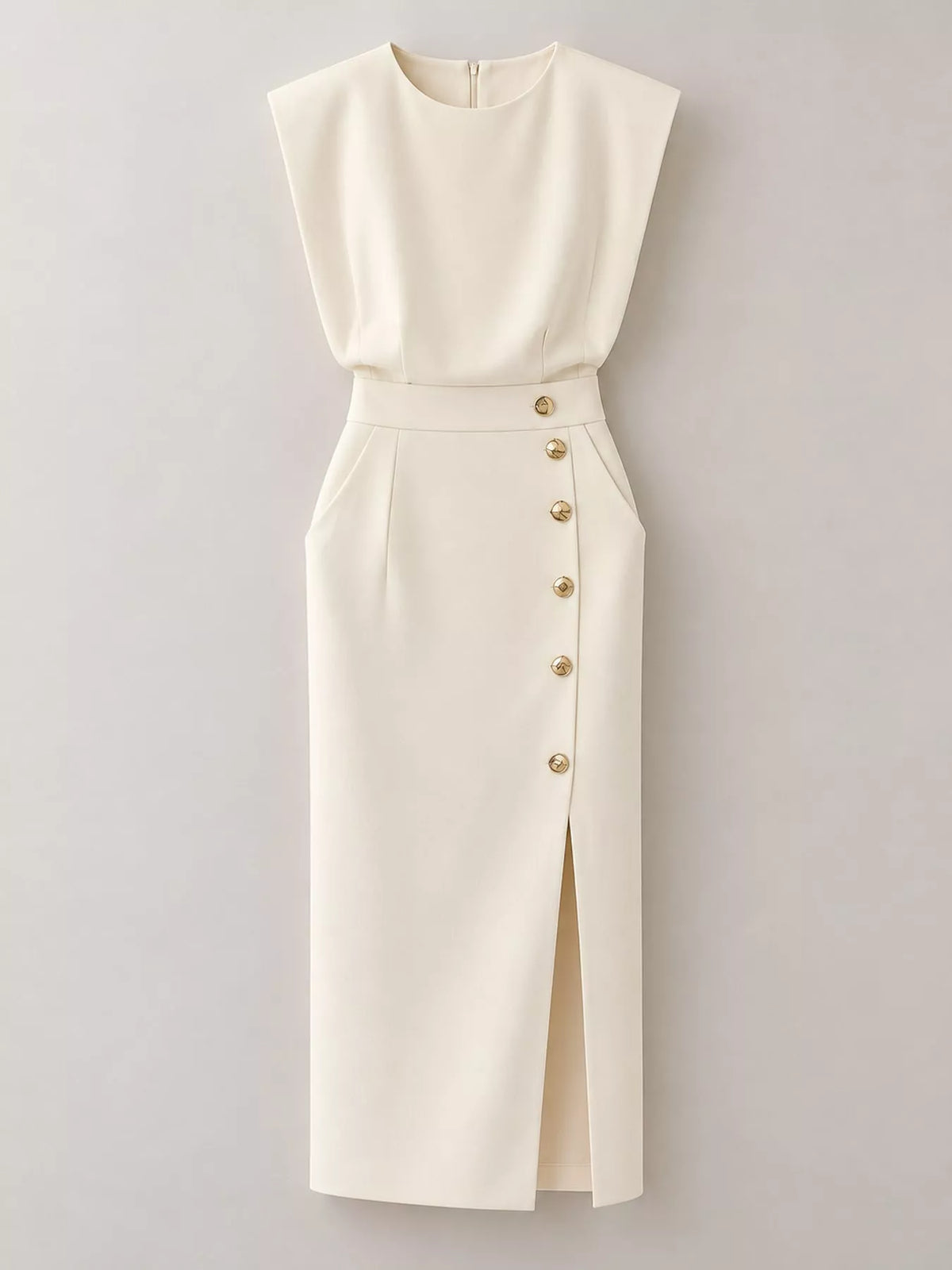 sleeveless midi dress with gold button detail and | dropsona - neutral - usage example