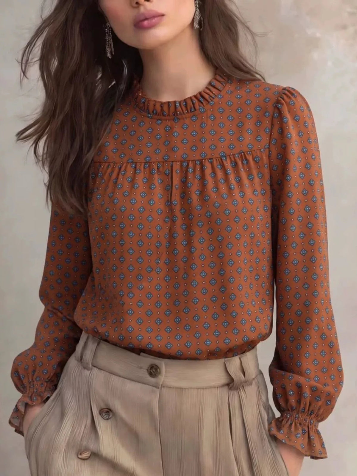 geometric print mock neck puff sleeves blouse | dropsona - neutral - everyday use