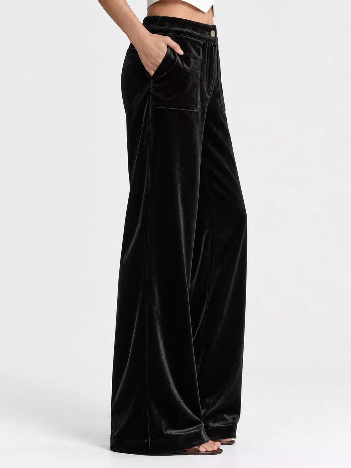 full size high-waisted wide-leg velvet pants with | dropsona - neutral - front view