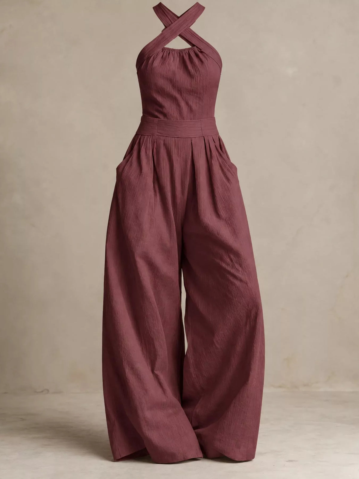 full size halter neck wide-leg jumpsuit plus | dropsona - neutral - size reference