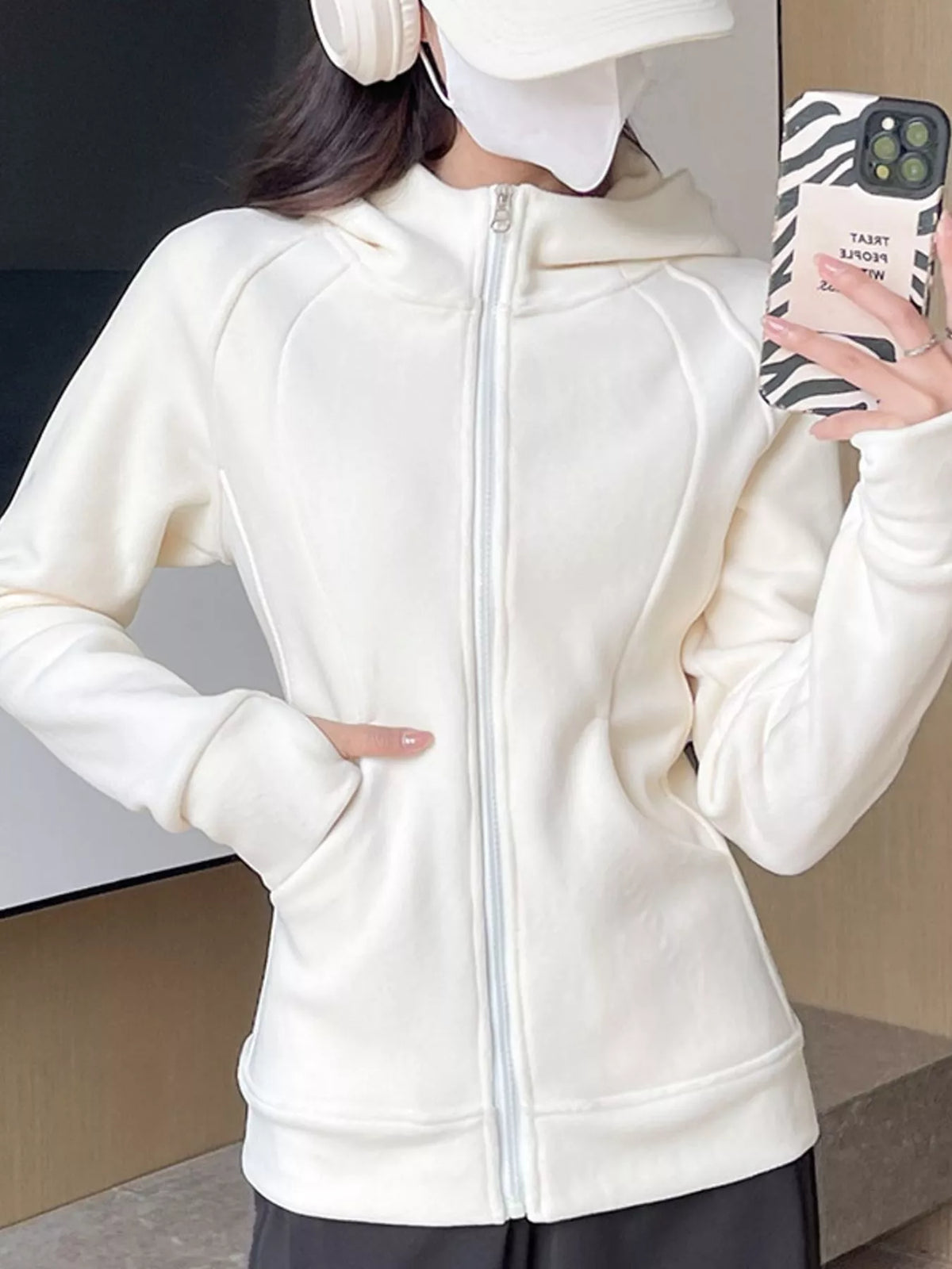 slim-fit full-zip thumb hole long sleeve hoodie with | dropsona - neutral - everyday use