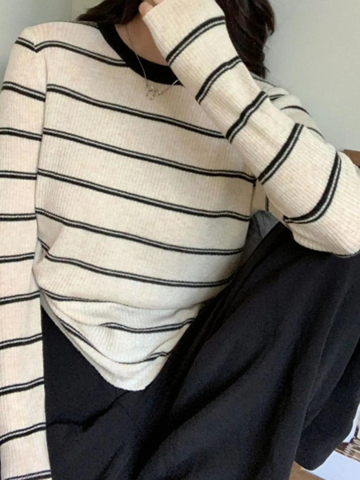 striped round neck ribbed knit top | dropsona - neutral - packaging