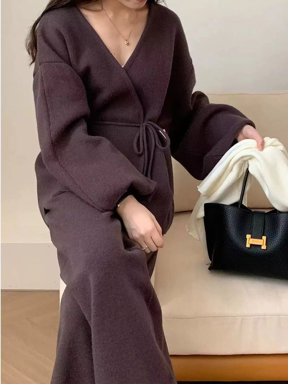 elegant v-neck wrap cardigan and wide-leg pants | dropsona - neutral - size reference