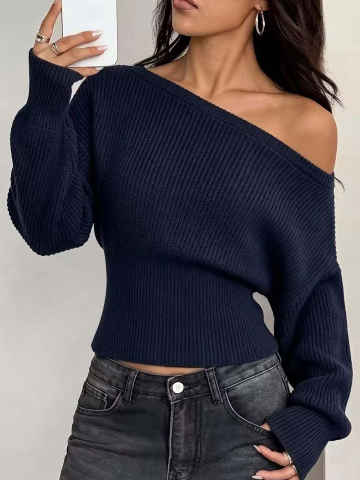 one shoulder ribbed knit sweater – fit | dropsona - neutral - size reference