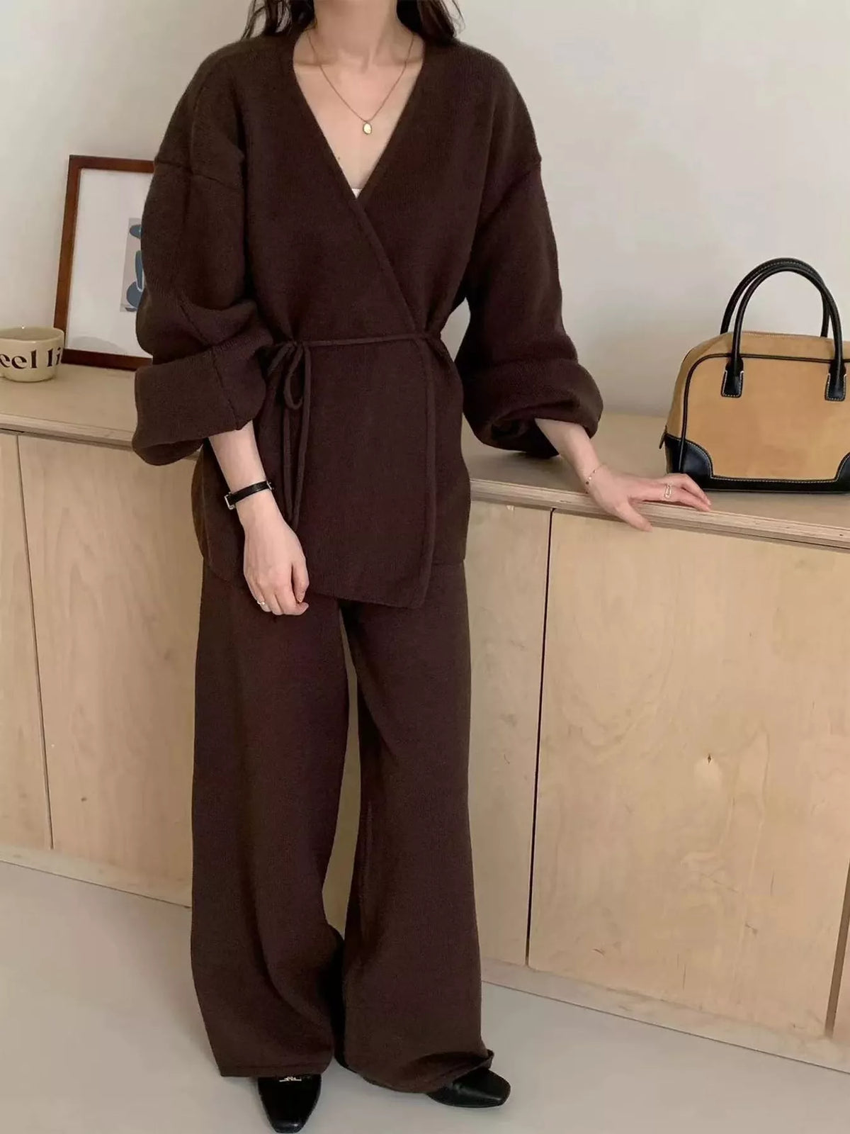 elegant v-neck wrap cardigan and wide-leg pants | dropsona - neutral - front view