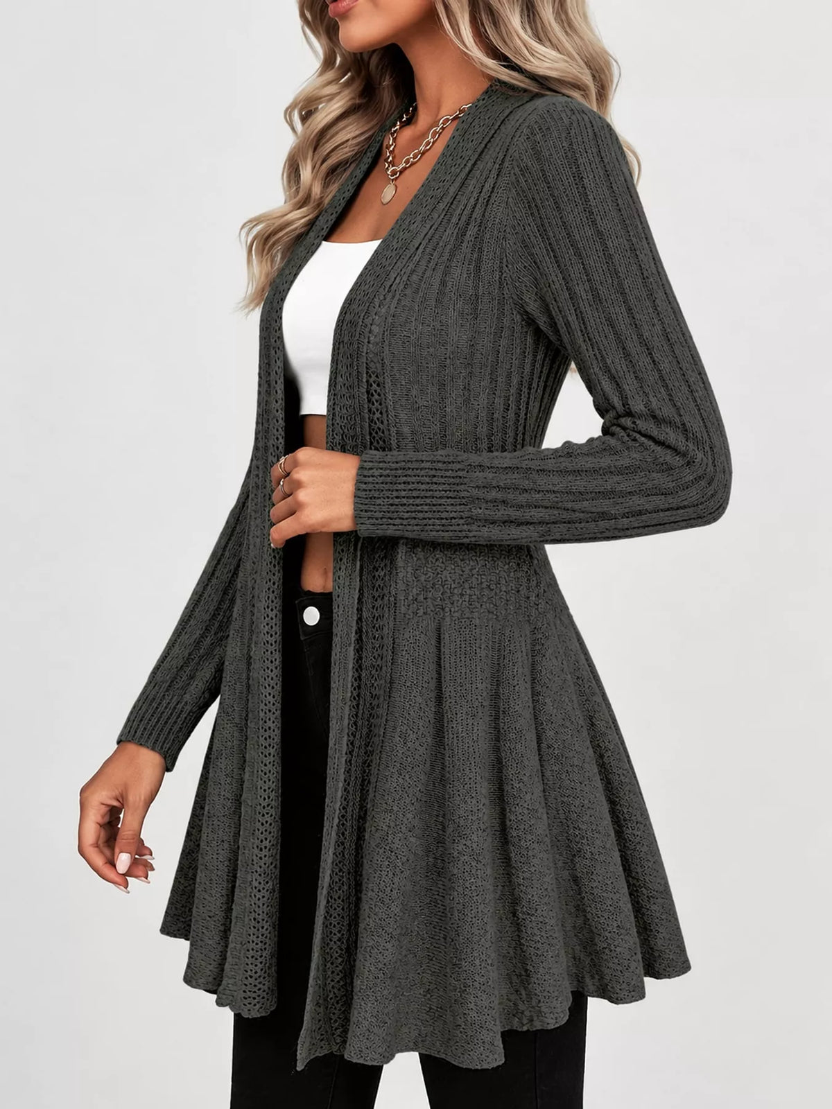 elegant ribbed knit open front flared cardigan | dropsona - neutral - front view