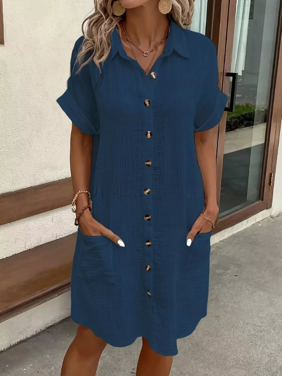 full size button-down textured shirt dress with | dropsona - neutral - size reference