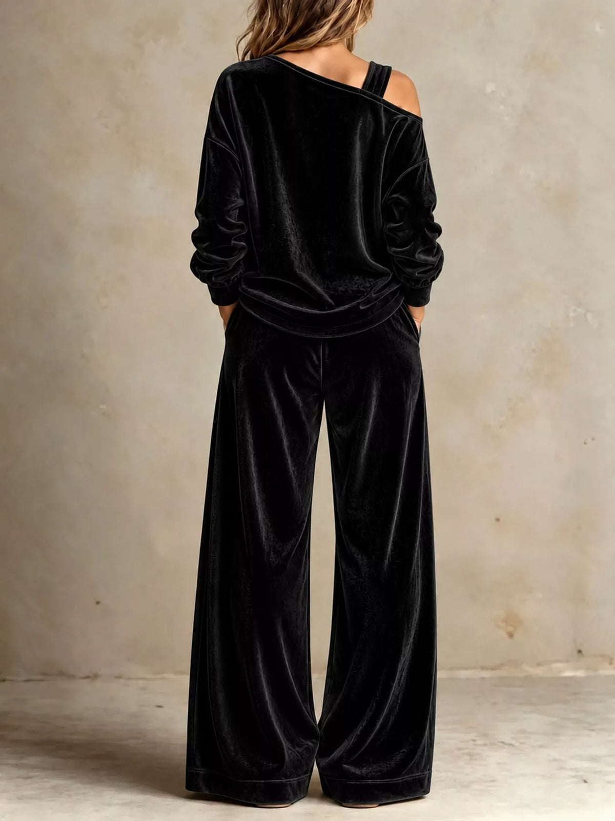 asymmetrical neck top and pants set | dropsona - neutral - material texture