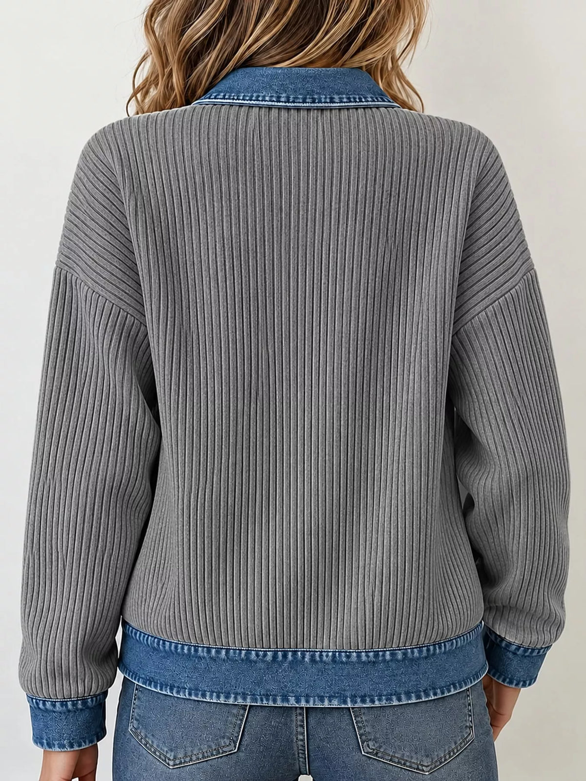 full size denim-collar ribbed knit zip-up jacket plus | dropsona - neutral - packaging