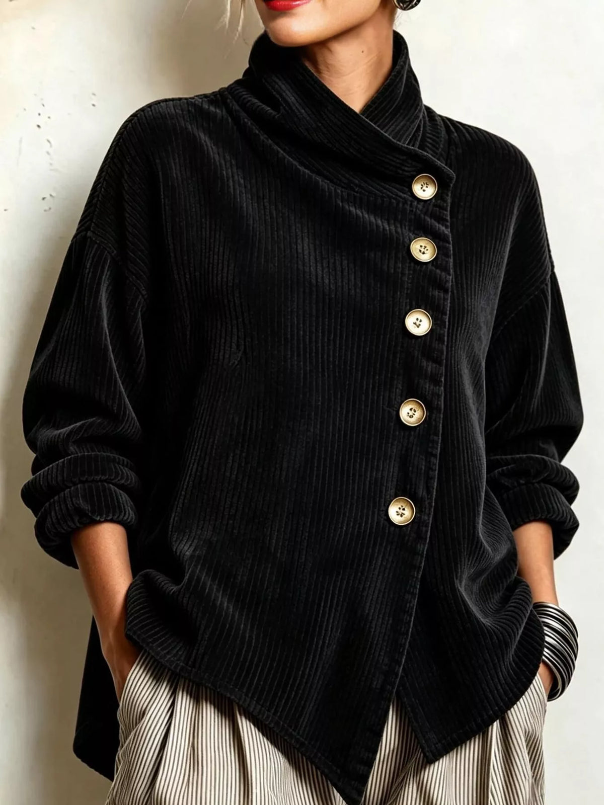 full size asymmetric button-down corduroy jacket plus | dropsona - neutral - material texture