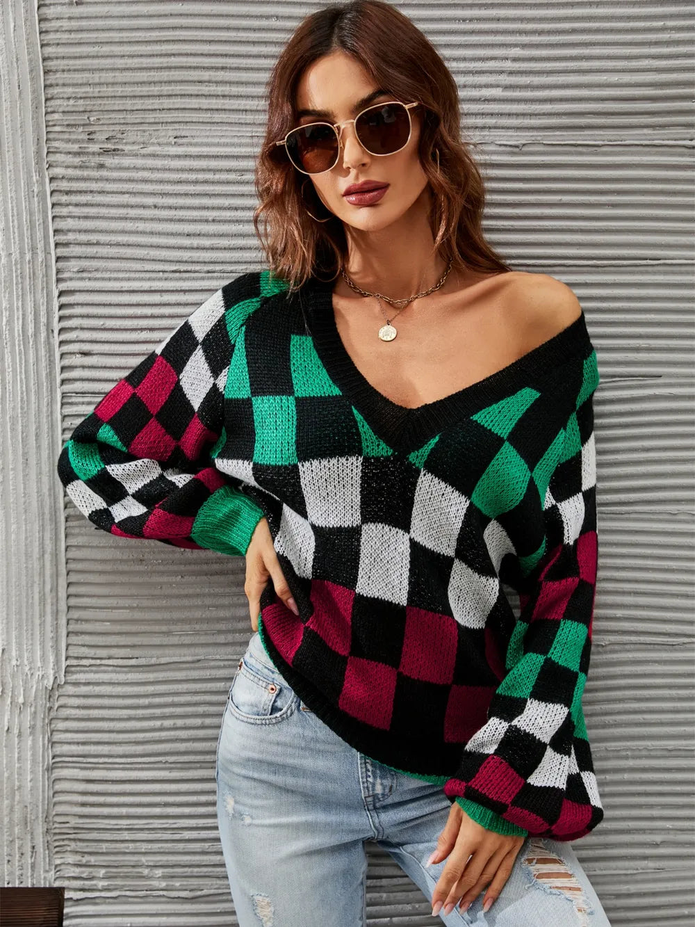 angel wings checkered v-neck lantern sleeve sweater | dropsona - neutral - close-up detail