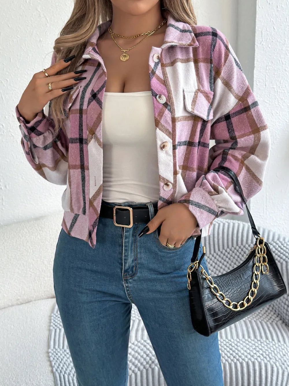plaid button up long sleeve jacket – buttoned | dropsona - neutral - usage example