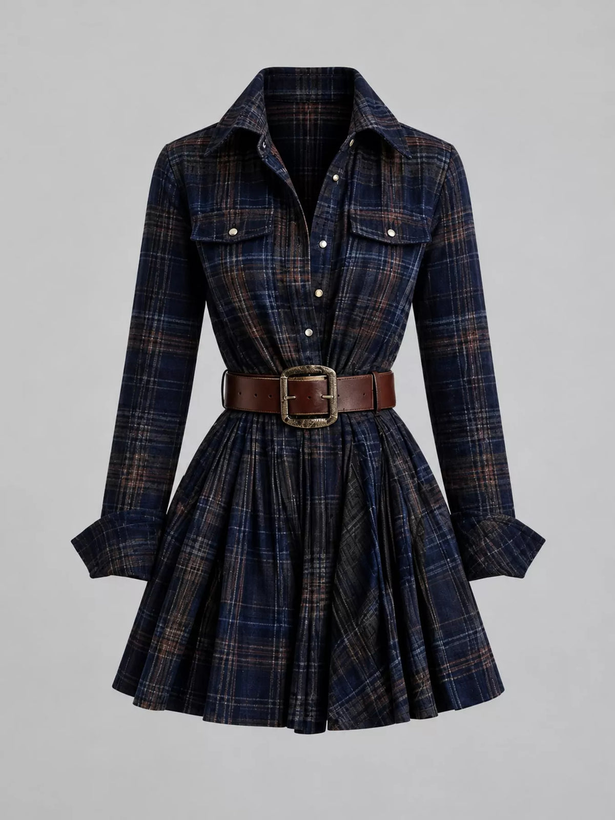 plaid long-sleeve shirt dress | dropsona - neutral - close-up detail
