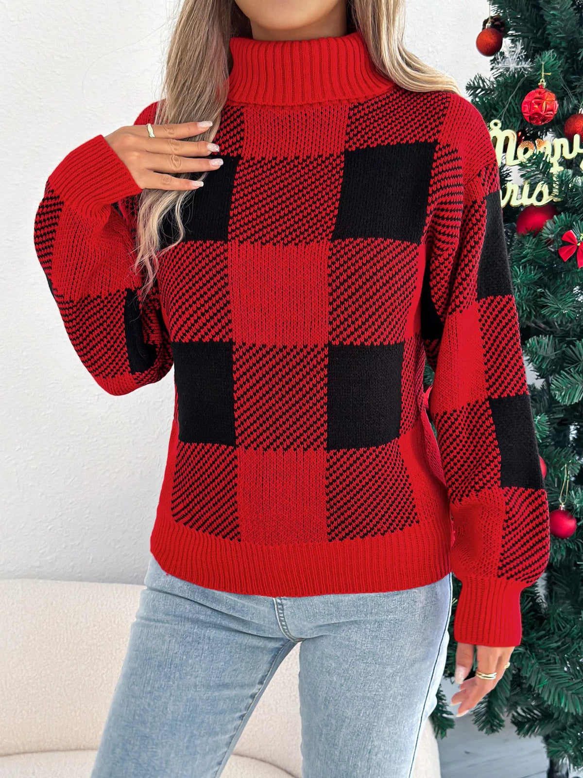 christmas plaid long sleeve turtleneck sweater | dropsona - neutral - size reference