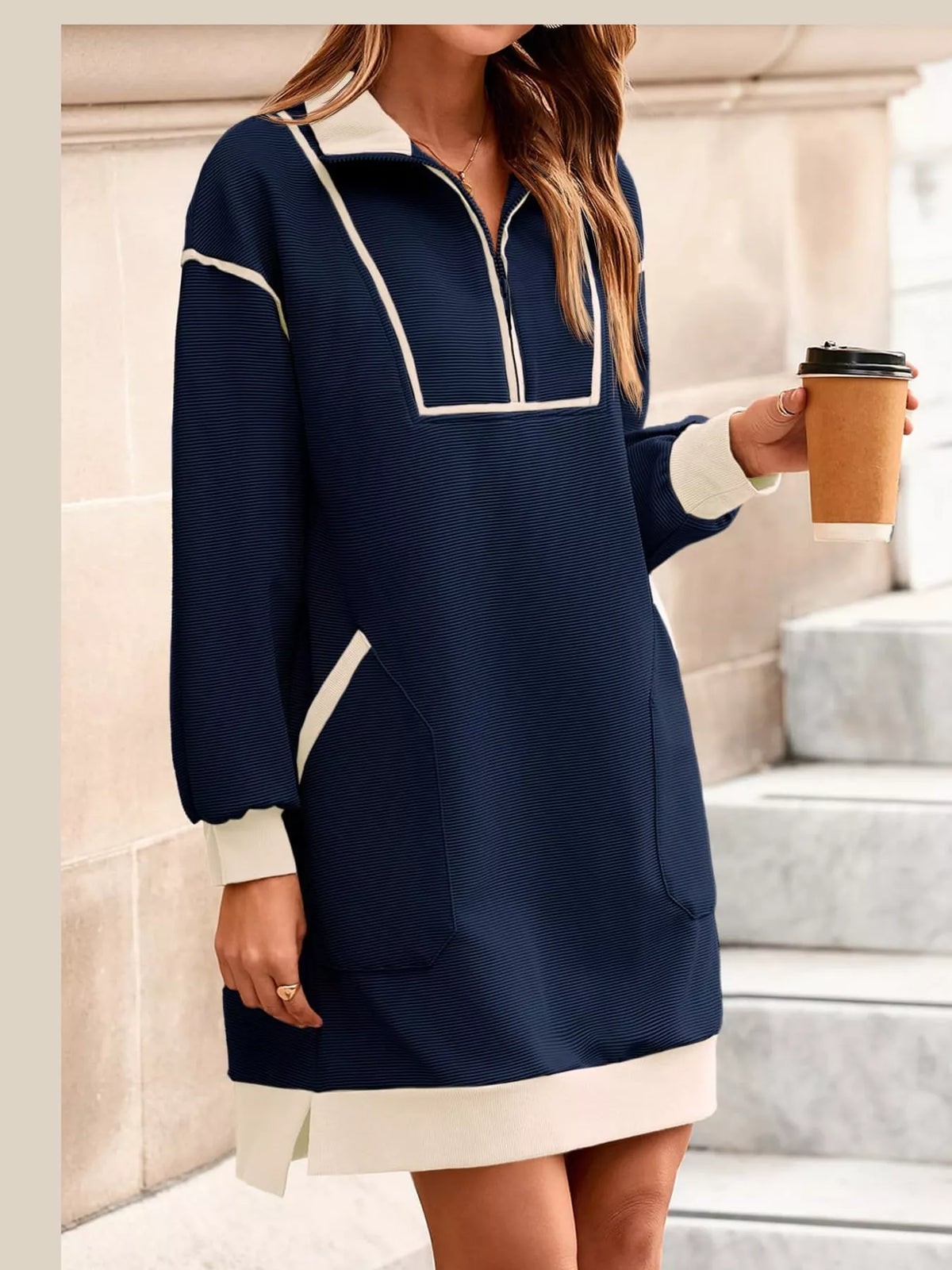 color block quarter-zip sweatshirt dress | dropsona - neutral - usage example