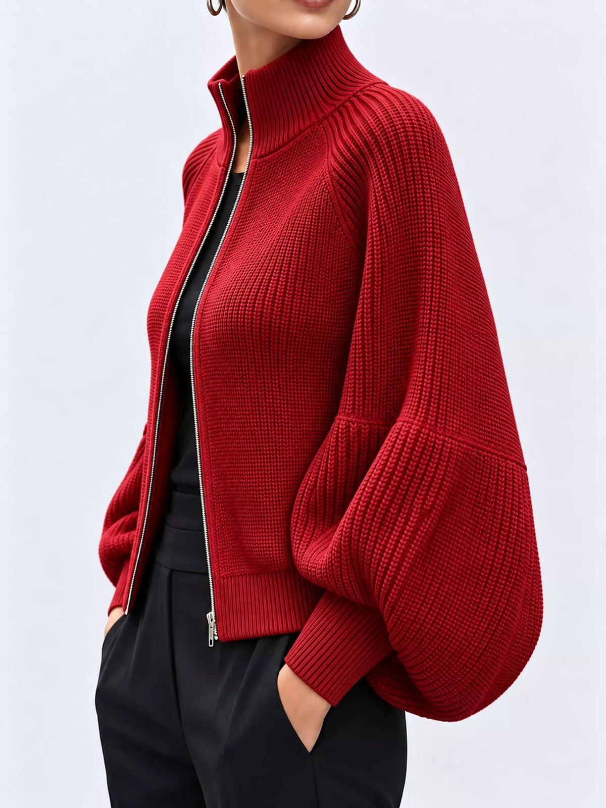 full size elegant ribbed knit zip-up cardigan with | dropsona - neutral - close-up detail
