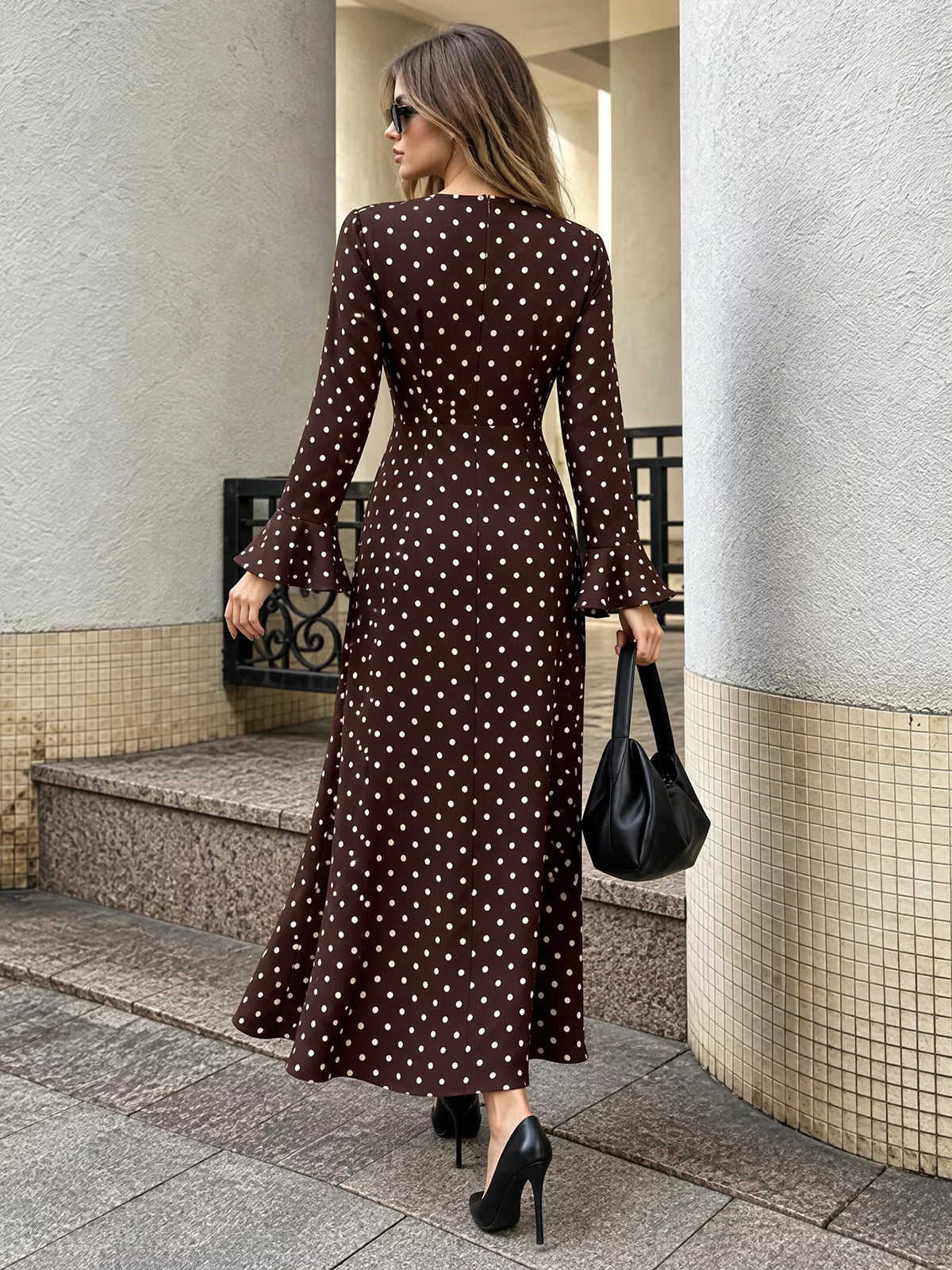 polka dot long sleeve maxi dress – zipper | dropsona - neutral - usage example