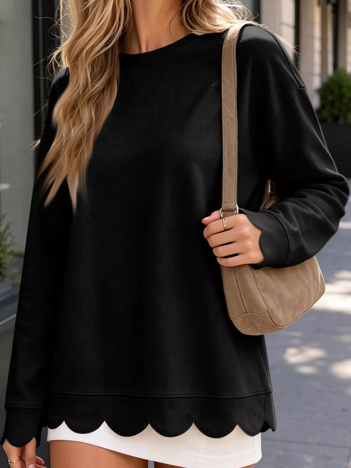 full size casual scalloped hem crewneck sweatshirt | dropsona - neutral - packaging