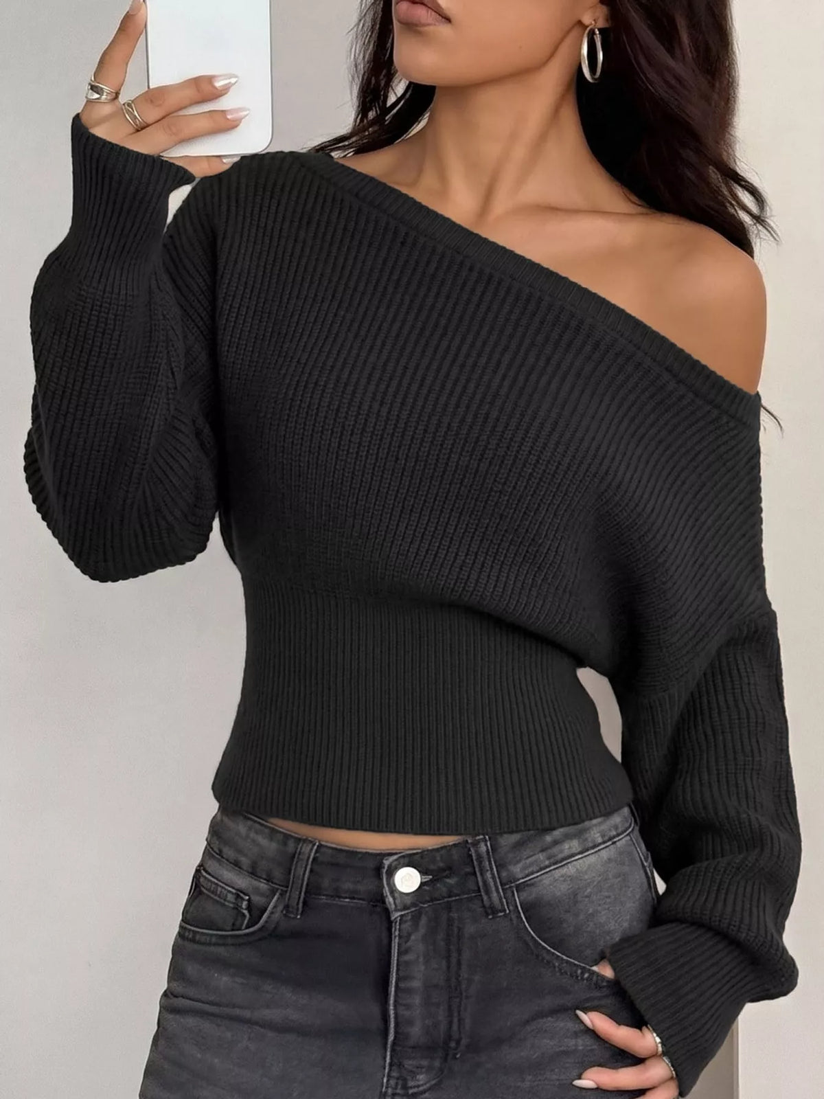 one shoulder ribbed knit sweater – fit | dropsona - neutral - front view