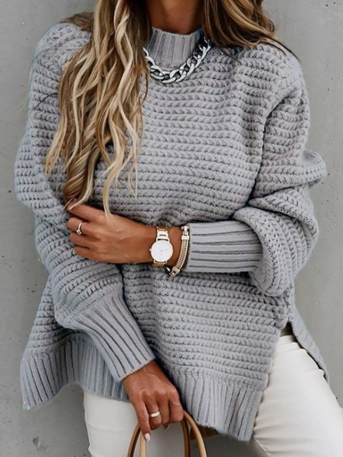 side slit textured knit sweater – ribbed,slit fit | dropsona - neutral - material texture